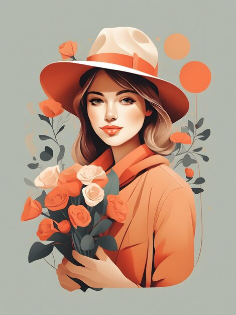 A flat illustration of a girl wearing a hat and holding flowers