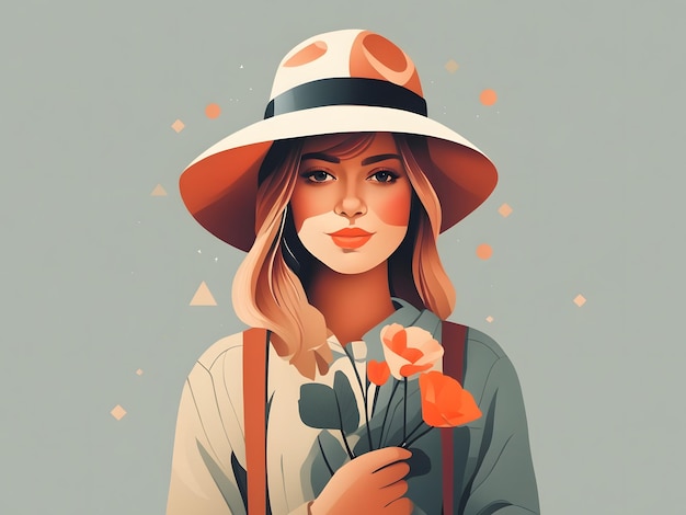 A flat illustration of a girl wearing a hat and holding flowers