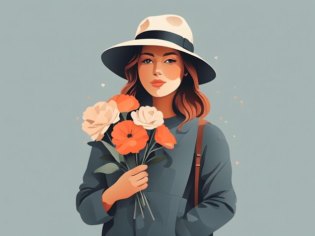 Foto un'illustrazione piatta di una ragazza che indossa un cappello e tiene dei fiori