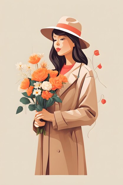 A flat illustration of a girl wearing a hat and holding flowers