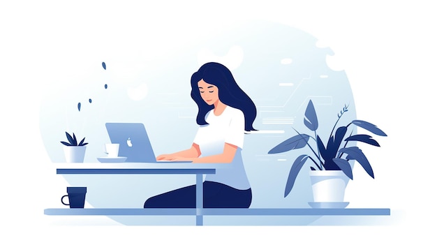 Flat illustration of a girl working on laptop office