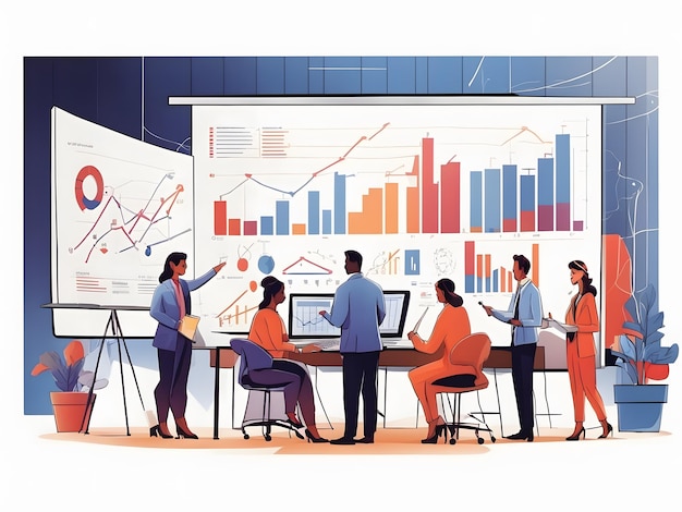 Flat illustration of a group of people working in front of a big screen with charts