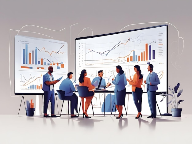 Flat illustration of a group of people working in front of a big screen with charts