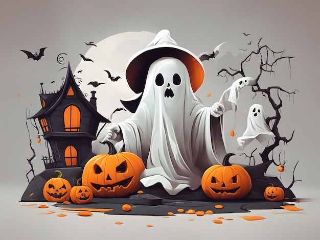 Flat illustration of a halloween scene with pumpkins and a ghost
