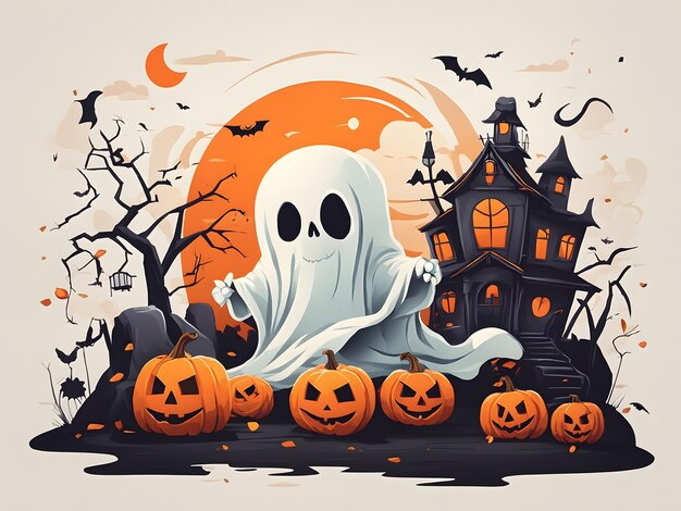 Flat illustration of a halloween scene with pumpkins and a ghost