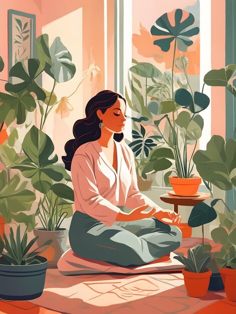 A flat illustration of a lady meditating