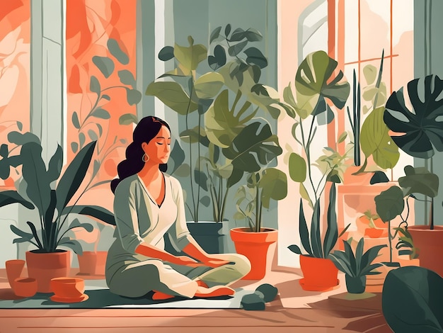 A flat illustration of a lady meditating