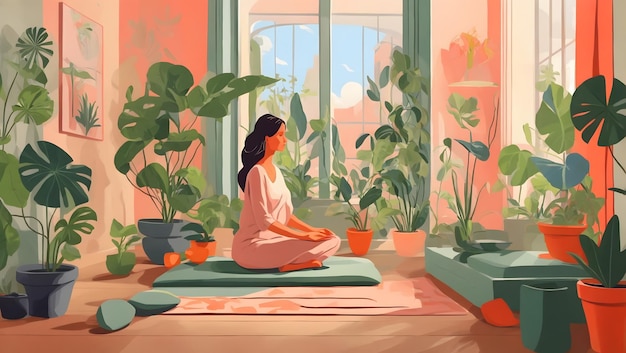 A flat illustration of a lady meditating