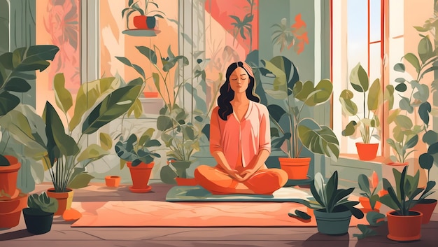 Плоская иллюстрация медитирующей дамы