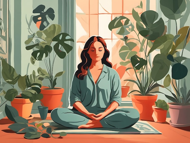 A flat illustration of a lady meditating