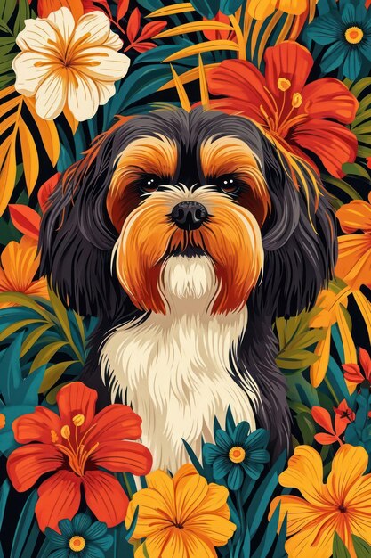 Photo flat illustration of lhasa apso dog with calming colors