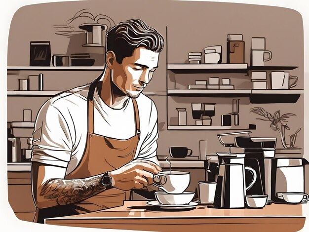 Photo flat illustration a male barista making coffee