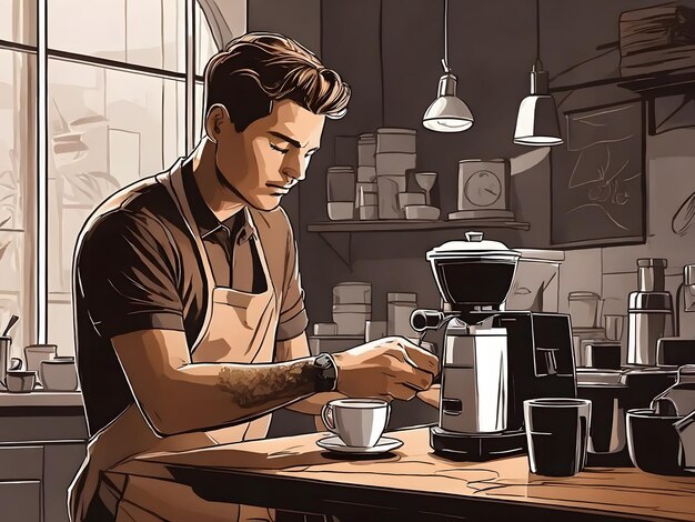 Photo flat illustration a male barista making coffee