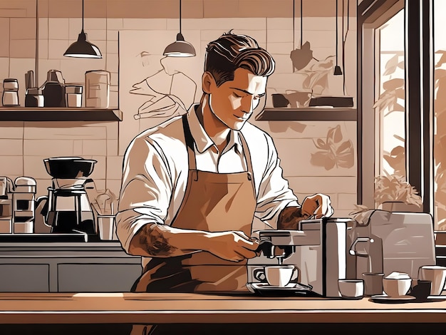 Flat illustration a male barista making coffee