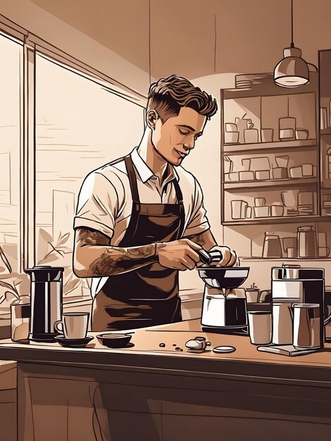 Foto illustrazione piatta un barista maschio che fa il caffè