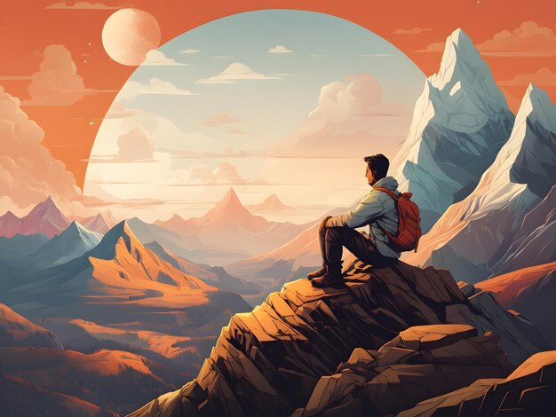 Flat illustration of a man sitting on top of a mountain looking at a valley