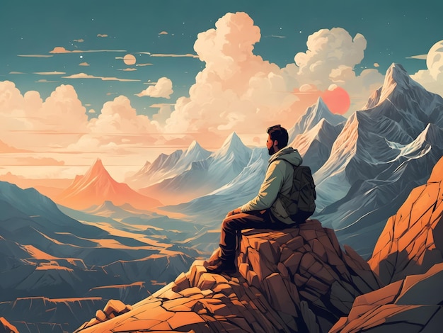 Flat illustration of a man sitting on top of a mountain looking at a valley