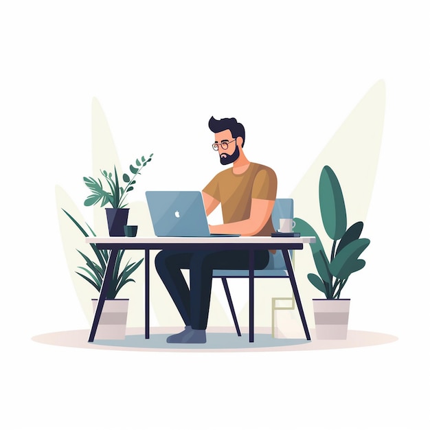 Photo flat illustration of a man using a laptop