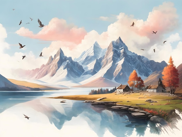 flat illustration Mountain landscape lake in the highlands Mountain tree birds