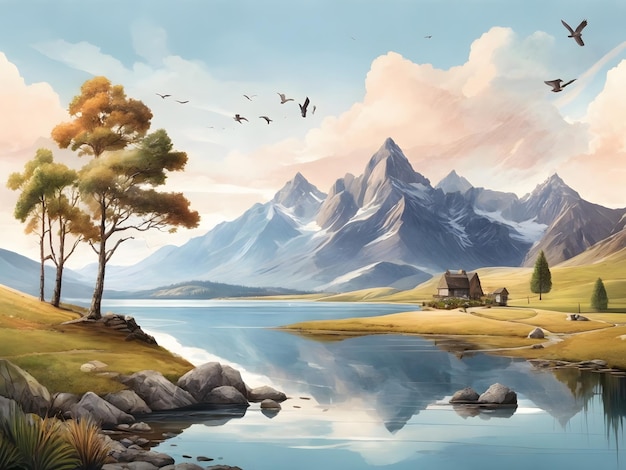 flat illustration Mountain landscape lake in the highlands Mountain tree birds