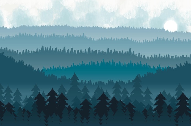 Flat illustration mural art wallpaper Christmas trees and mountains with sun landscape