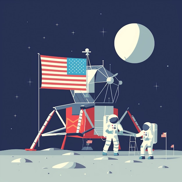 Фото Плоская иллюстрация посадки на луну армстронга и флага установки олдрина