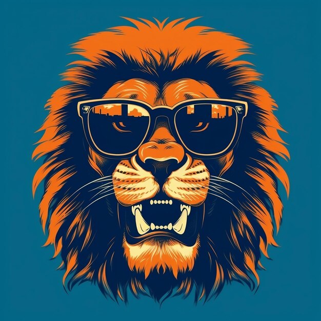 Flat illustration of one retro aggressive lion wearing a sunglasses