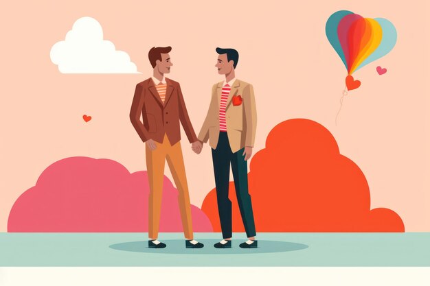 写真 フラットイラスト有機グラフィックデザインプライドデー愛のコンセプトの同性愛者のカップル