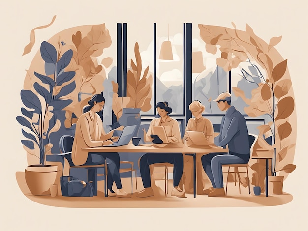 A flat illustration of people doing business cottagecore in the style of muted and subtle tones