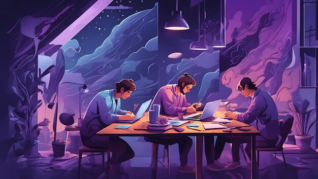 Flat illustration of people working on a laptop with painting and writing tools