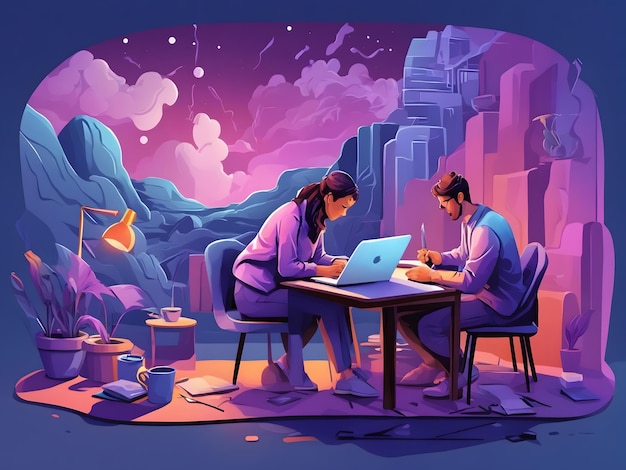 Photo flat illustration of people working on a laptop with painting and writing tools