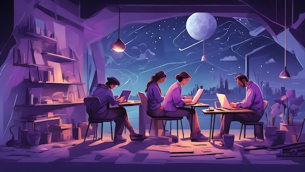 Flat illustration of people working on a laptop with painting and writing tools