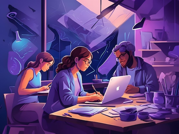 Flat illustration of people working on a laptop with painting and writing tools