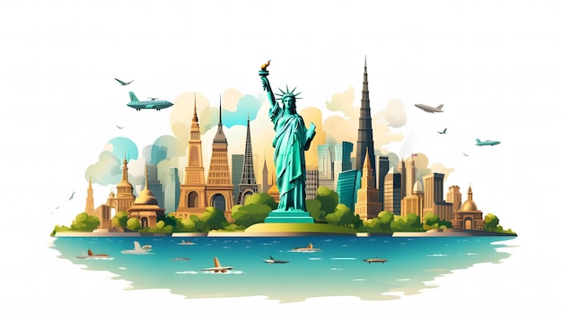 世界観光デーに人気の観光ランドマークと旅行関連商品のフラットイラスト