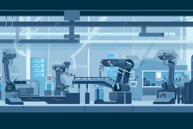 Flat illustration of robotic arms assembling products in Industry 40 production line futuristic