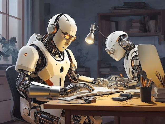 Flat illustration of Robotics helping man learn computer