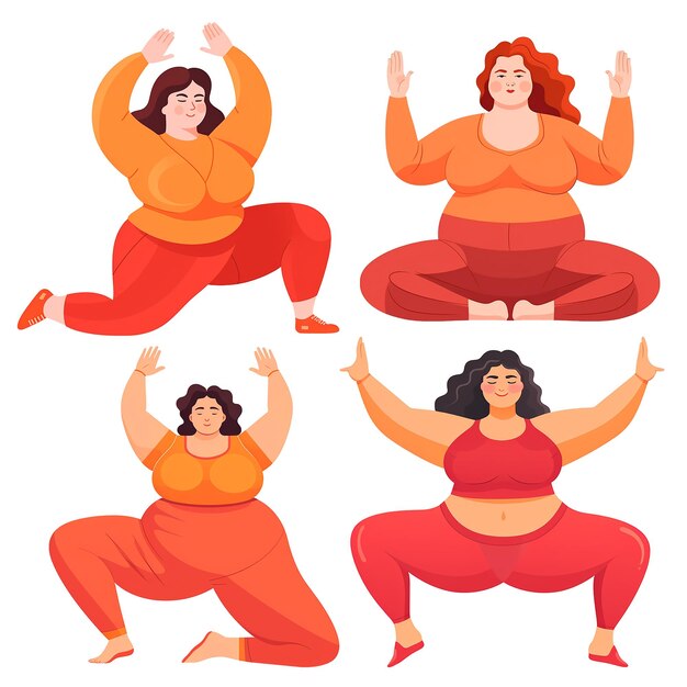 flat illustration set collection of plus size girls doing exercises lifestyle yoga exercises