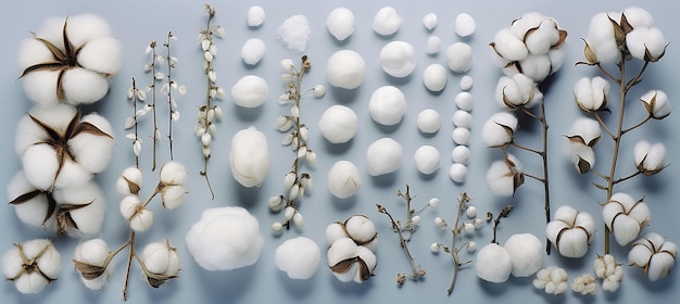 Photo flat illustration of a set of different types of ripe cotton all over the surface blue background