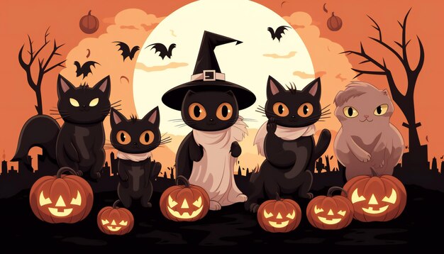 ハロウィーンのお祝いのための不気味な猫のフラットなイラスト