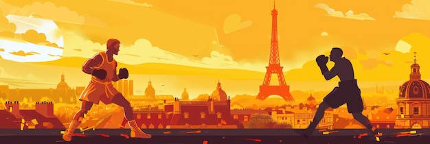 flat illustration the Summer Olympic Games in Paris a boxing match against the backdrop of the Eiffel Tower and a panorama of the sights of Paris