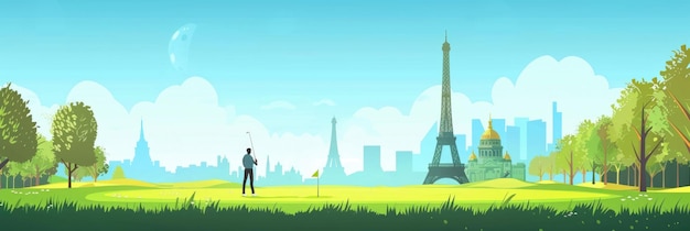 パリの夏のオリンピック - エッフェル塔の背景にゴルフと街の観光スポットのパノラマ