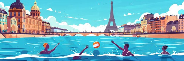 flat illustration the Summer Olympic Games in Paris water polo on the background of the Eiffel Tower and a panorama of the citys attractions the Seine River