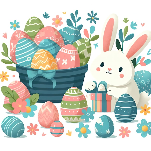 일러스트레이션 기호 : 파스터 휴일 귀여운 토끼와 색의 배경에 색의 달을 칠한 평평한