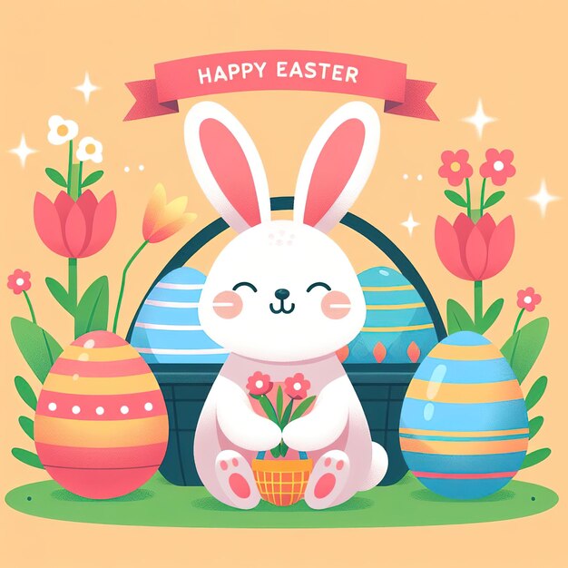 Photo flat illustration symbol easter holiday cute bunny with colored painted eggs on color background