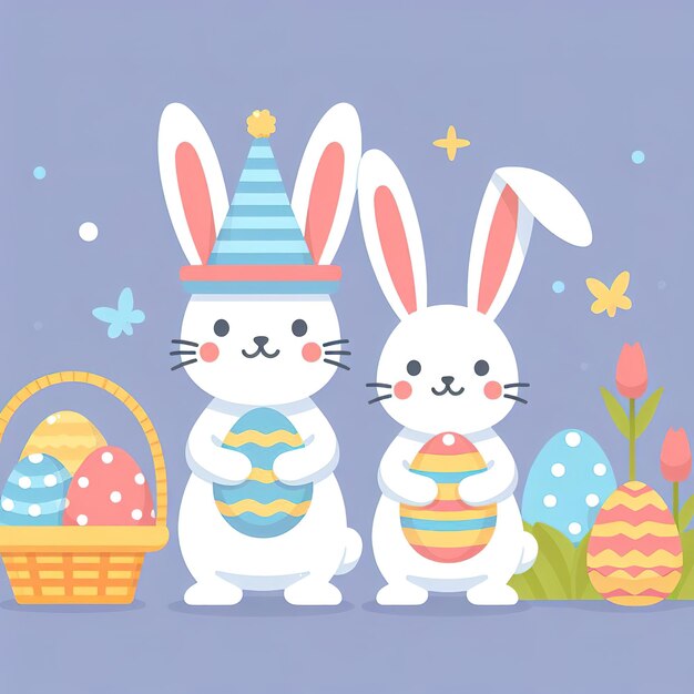 flat illustration symbol Easter holiday cute bunny with colored painted eggs on color background