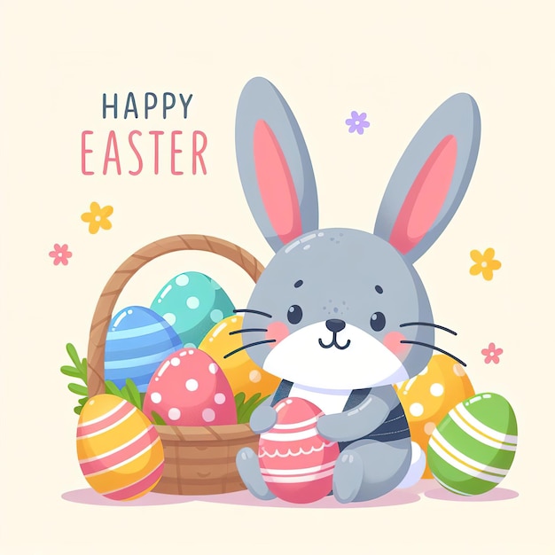 Photo flat illustration symbol easter holiday cute bunny with colored painted eggs on color background