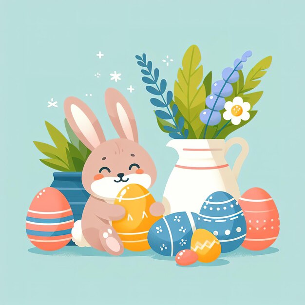 Photo flat illustration symbol easter holiday cute bunny with colored painted eggs on color background