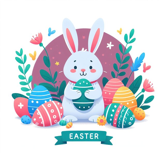 flat illustration symbol Easter holiday cute bunny with colored painted eggs on color background