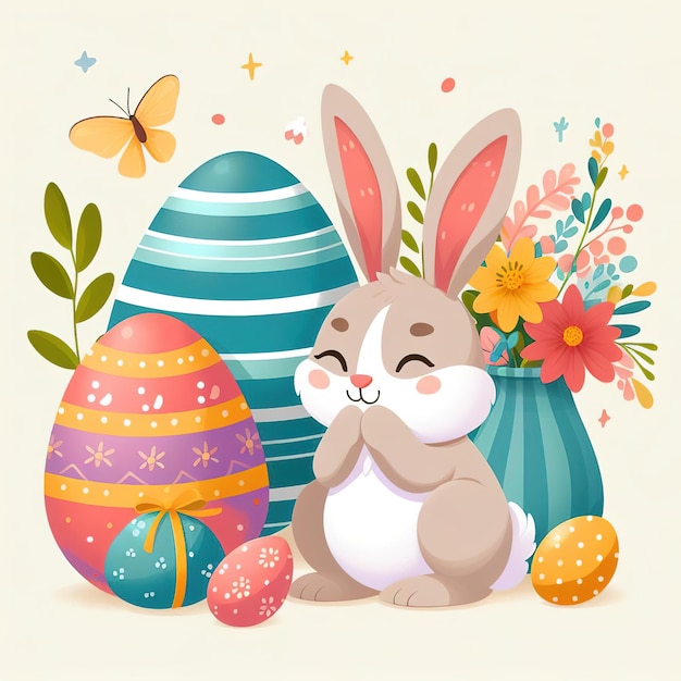 flat illustration symbol Easter holiday cute bunny with colored painted eggs on color background