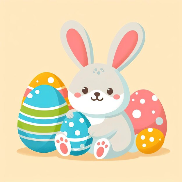 flat illustration symbol Easter holiday cute bunny with colored painted eggs on color background